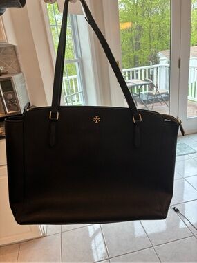 Tory Burch Black Leather Double-Handle Tote with Gold Logo